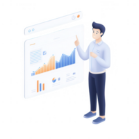 An illustration of a man analyzing data with graphs on a digital display. png