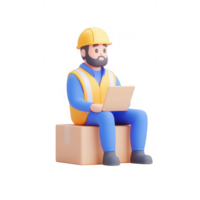 A construction worker sitting on a box, using a tablet on a job site. png
