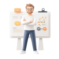 A confident man standing in front of a presentation board with graphs and data. png