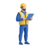 A construction worker using a tablet to manage project tasks on-site. png
