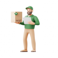 A delivery worker holding a package and checking a delivery note with a smile. png