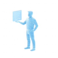 A digital representation of a person showcasing virtual data on a screen. png