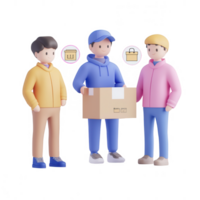 Three people chatting while one holds a delivery box, showcasing teamwork and collaboration. png