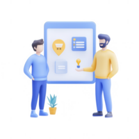 Two men discussing a project with a digital display and a plant in the background. png