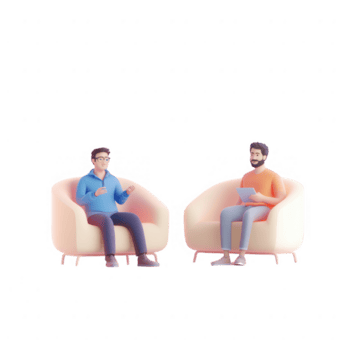 zwei Männer beschäftigt, verlobt im ein lebhaft Diskussion, Sitzung bequem im modern Stühle. png