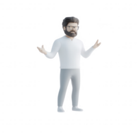 A 3D character with glasses and a casual outfit, expressing a questioning gesture. png