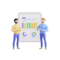 Two professionals discussing data trends and graphics on a digital screen. png