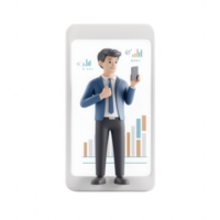 A 3D character holding a smartphone while analyzing financial data and charts. png