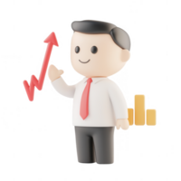 A 3D character showing growth with a rising graph and cheerful demeanor. png