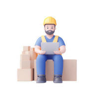 A cartoon construction worker analyzing data on a tablet while sitting on boxes. png