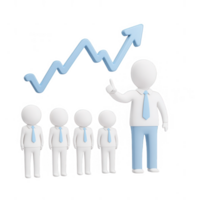 A businessman presenting growth trends to his team with an upward graph. png