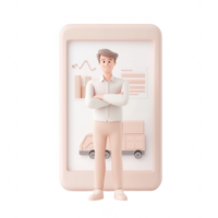 A businessman confidently stands in front of a digital interface showcasing analytics. png