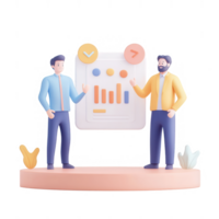 Two professionals presenting a data analysis report with colorful graphs in a meeting. png