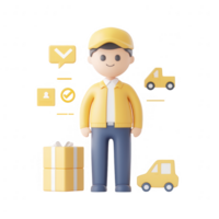 A friendly delivery person with symbols of communication and transport around them. png