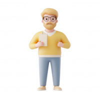A 3D character in casual attire holding a notepad, representing modern business concepts. png