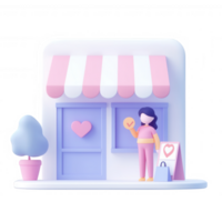 Charming storefront with woman, sign, and tree in a colorful design, inviting shoppers inside. png