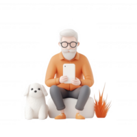 An elderly man with glasses using a smartphone beside a dog in a relaxed setting. png