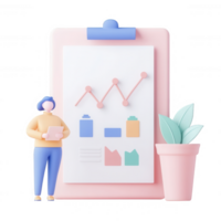 An illustration of a person analyzing charts and graphs for business insights. png