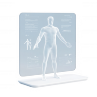 Futuristic holographic display of a human anatomy model with data visualization. png