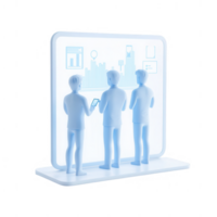 Three figures analyzing data on a futuristic display in a digital environment. png