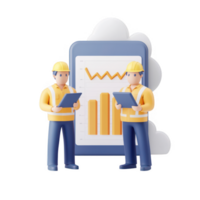 Two construction workers analyzing data with graphs on a tablet, representing teamwork. png