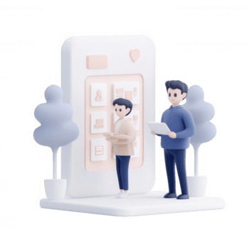 Due personaggi interagendo con un' mobile App nel un' minimalista digitale ambiente. png