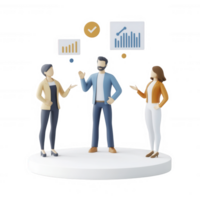 Three professionals discussing data insights and strategies in a modern office. png