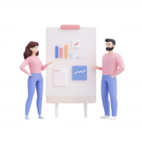 Two professionals presenting data on a presentation board in a modern office setting. png
