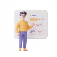 3D character presenting data analysis and graphs in a modern workspace. png