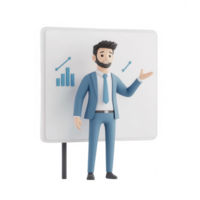 A 3D character presenting financial data with graphs and enthusiasm. png
