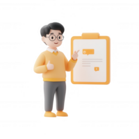 A 3D character presenting a note with positive feedback in a modern workspace. png