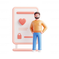A 3D character standing beside a visually engaging poster with a heart symbol. png