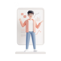 A 3D character presenting data and analytics on a digital screen. png