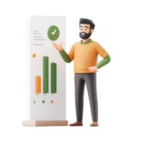 A 3D character presenting data with charts in a modern, professional setting. png
