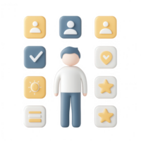 A 3D character surrounded by colorful icons representing various digital interfaces. png
