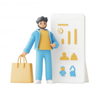 A character holding a shopping bag with digital analytics background. png