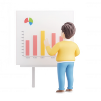 A character analyzing a colorful graph and data on a presentation board. png