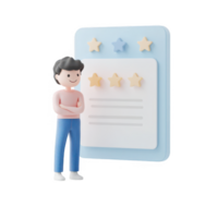 A character evaluates a review form featuring star ratings and feedback. png