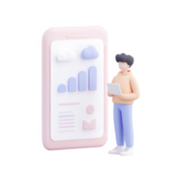 A character analyzing data on a smartphone with colorful graphs and icons. png