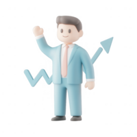 A cheerful businessman celebrating growth and success with a raised hand and a graph. png