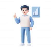 A cheerful 3D character presenting a growth chart, ideal for business visuals. png