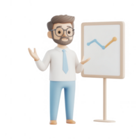 A cheerful businessman presenting a data analysis chart on a whiteboard. png