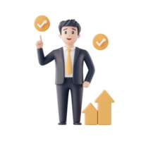 A cheerful businessman promoting growth and success with upward arrows and check marks. png