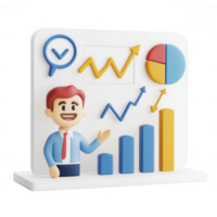 A cheerful businessman presenting growth charts and data visuals in a colorful graphic. png