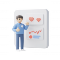 A cheerful character engaging with health and performance metrics on a digital interface. png