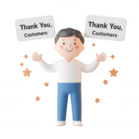A cheerful character expressing gratitude to customers with thank you signs. png