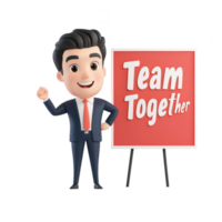 A cheerful character promoting teamwork and collaboration in a professional setting. png
