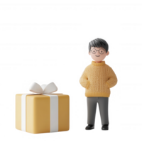 A cheerful character stands next to a beautifully wrapped gift, radiating joy. png