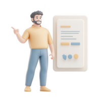 A cheerful man presenting a business report on a modern tablet device. png