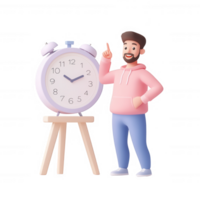 A cheerful man with an alarm clock, symbolizing time management and productivity. png